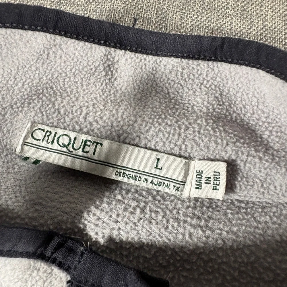 Criquet Fleece Pullover Mens Large Gray Navy Trim Snap Neck Pocket Sweater
